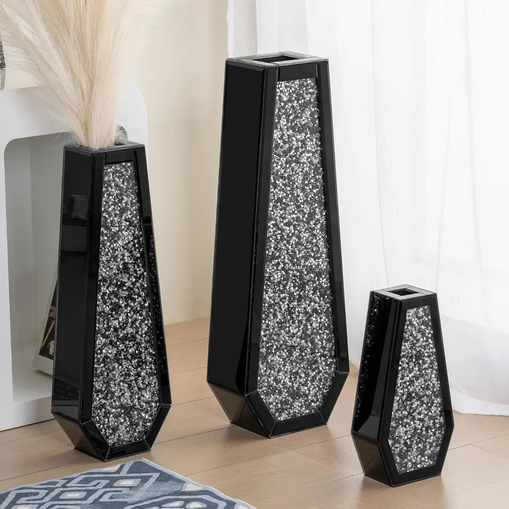 30 Inch Tall Black Crushed Diamond Floor Vase for Modern Decor