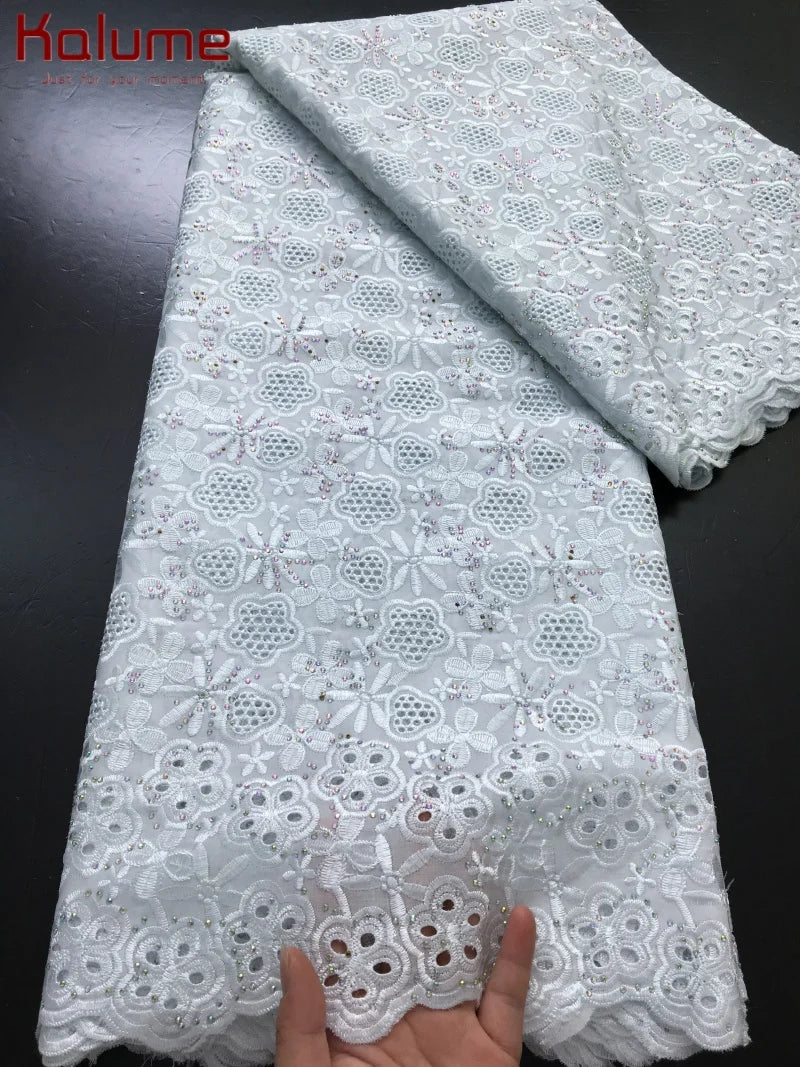Kalume African Cotton Embroidered Lace Fabric With Stones