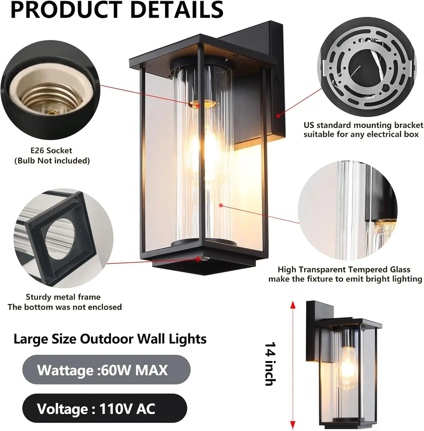 IDEPUS Outdoor Wall Lantern Waterproof Metal Glass