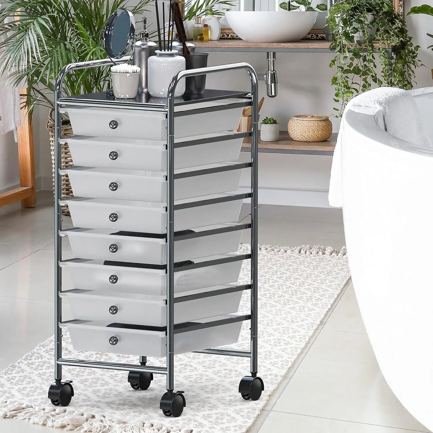 Utility Cart with 8 Drawers Rolling Storage Organizer in Chrome
