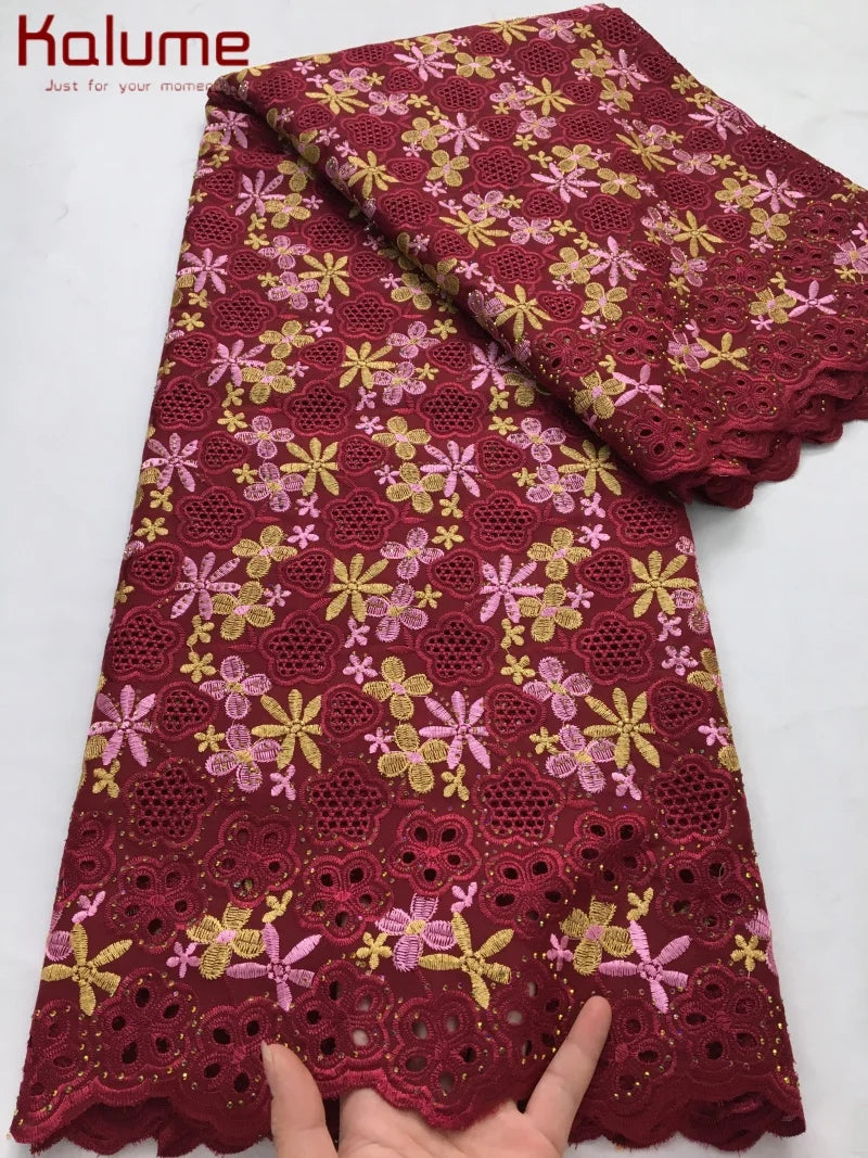 Kalume African Cotton Embroidered Lace Fabric With Stones