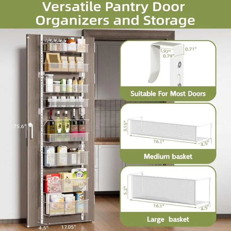 8 Tier Pantry Door Organizer Shelves Metal Hanging and Wall Mount Spice Rack Organizer Pantry Door Organization for Kitchen Storage