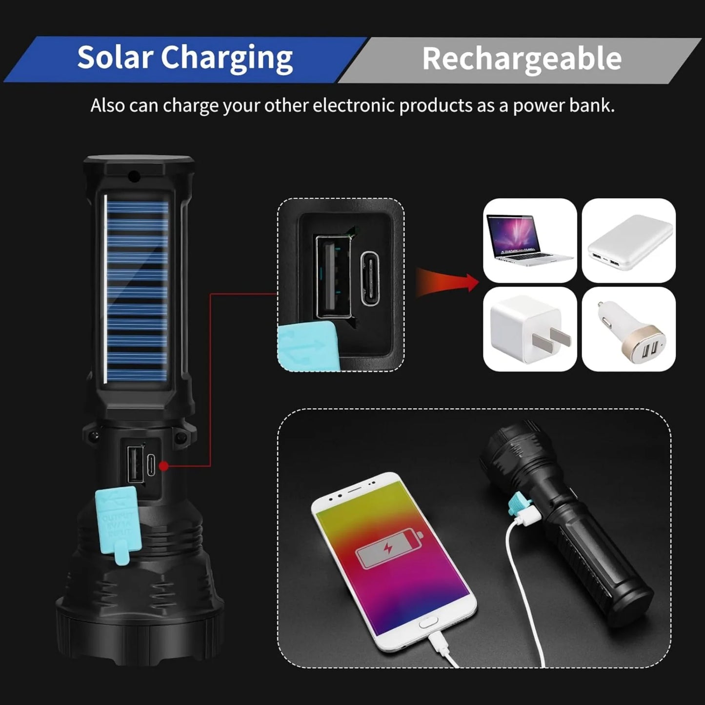 Electric Solar Handheld Flashlight With 2000mAh Battery