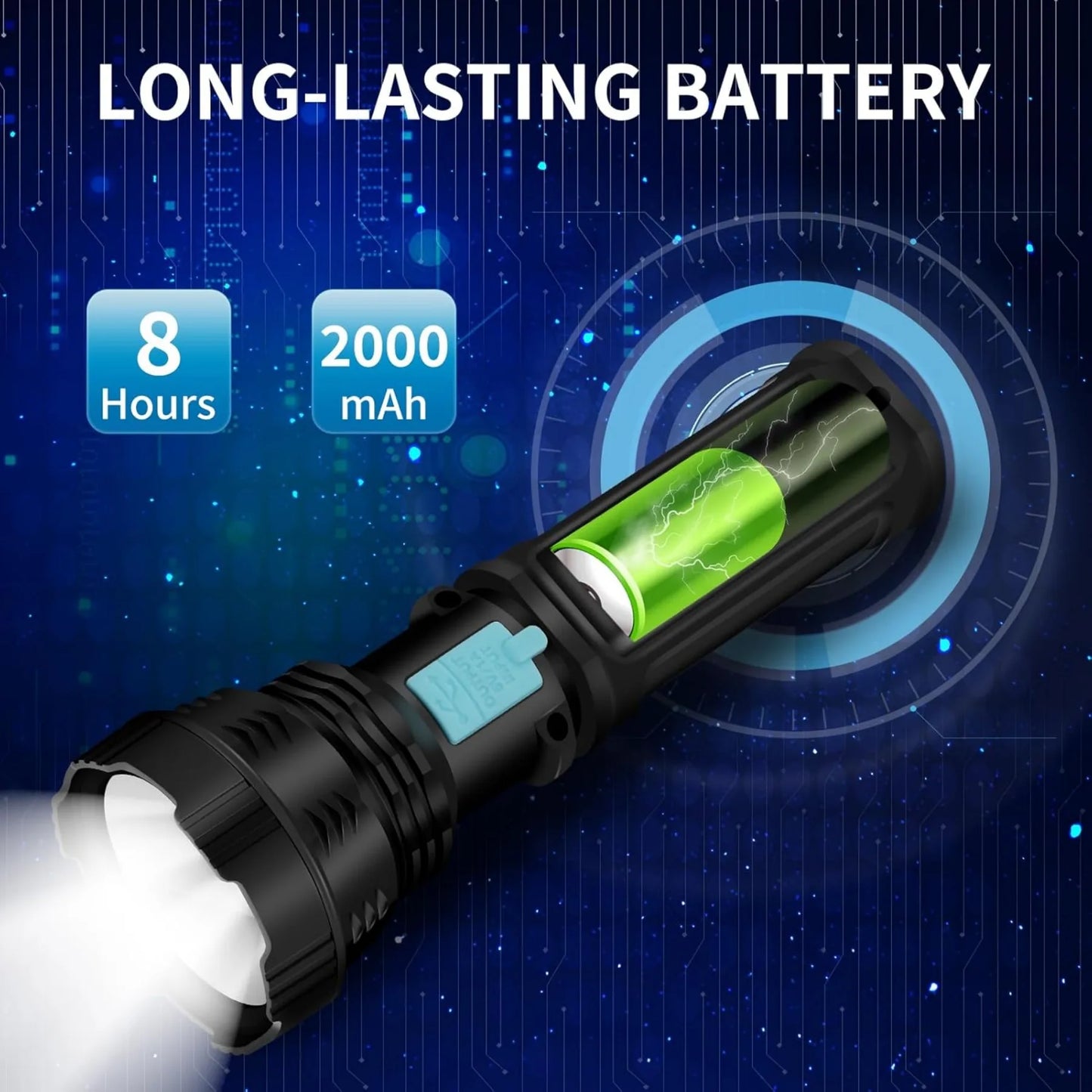 Electric Solar Handheld Flashlight With 2000mAh Battery