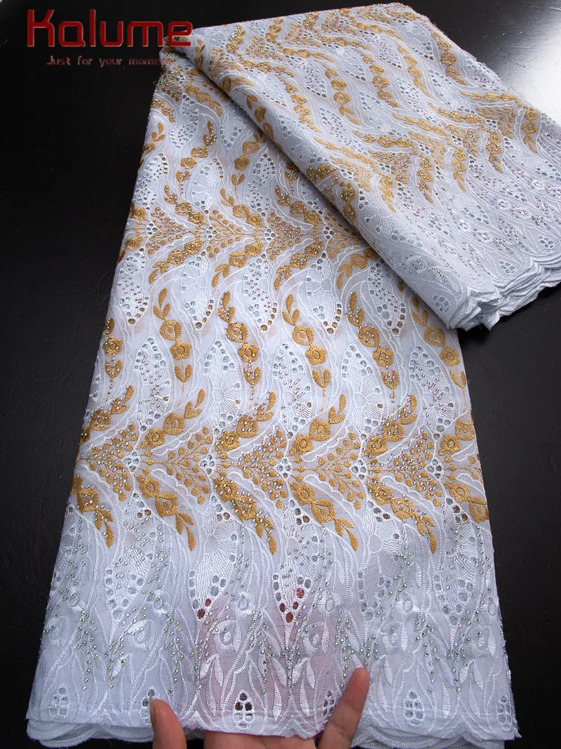 Kalume African Cotton Embroidered Lace Fabric With Stones