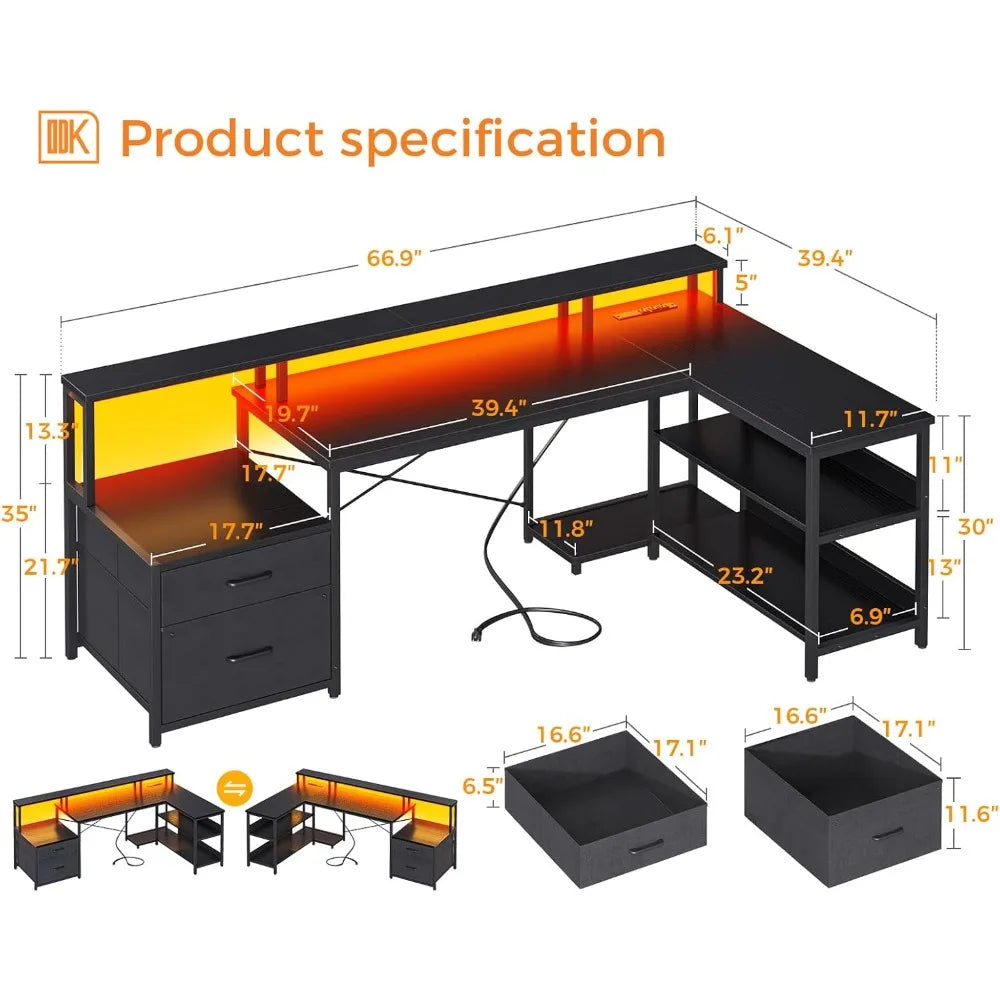 L Shaped Desk with File Drawer and Power Outlet for Home Office