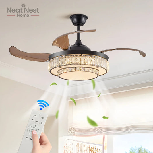 Contemporary Crystal LED Retractable Ceiling Fan with Remote