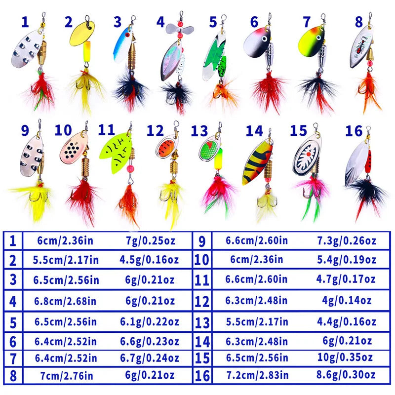 16PCS Metal Bait Spinner Lures Kit for Bass Trout Fishing