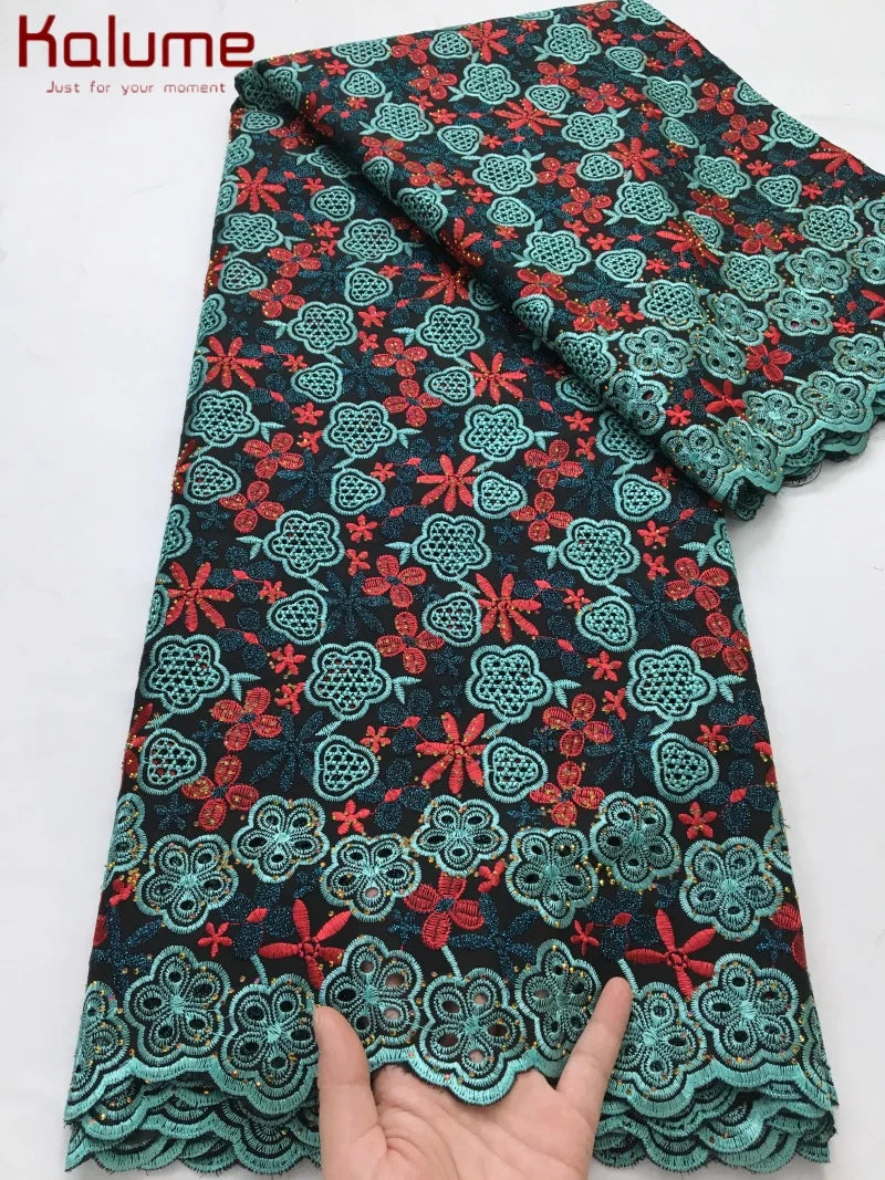 Kalume African Cotton Embroidered Lace Fabric With Stones