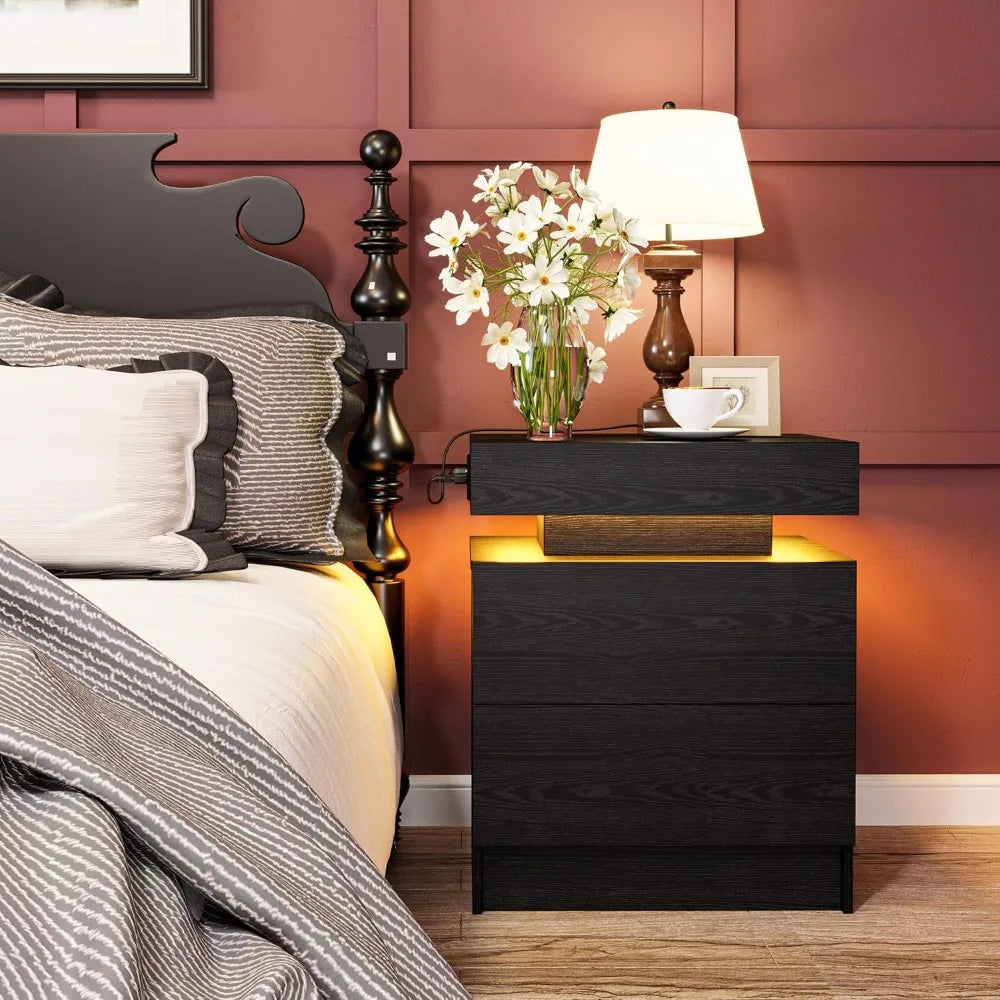 Modern Black Bedside Table with Charging Station and LED Lights