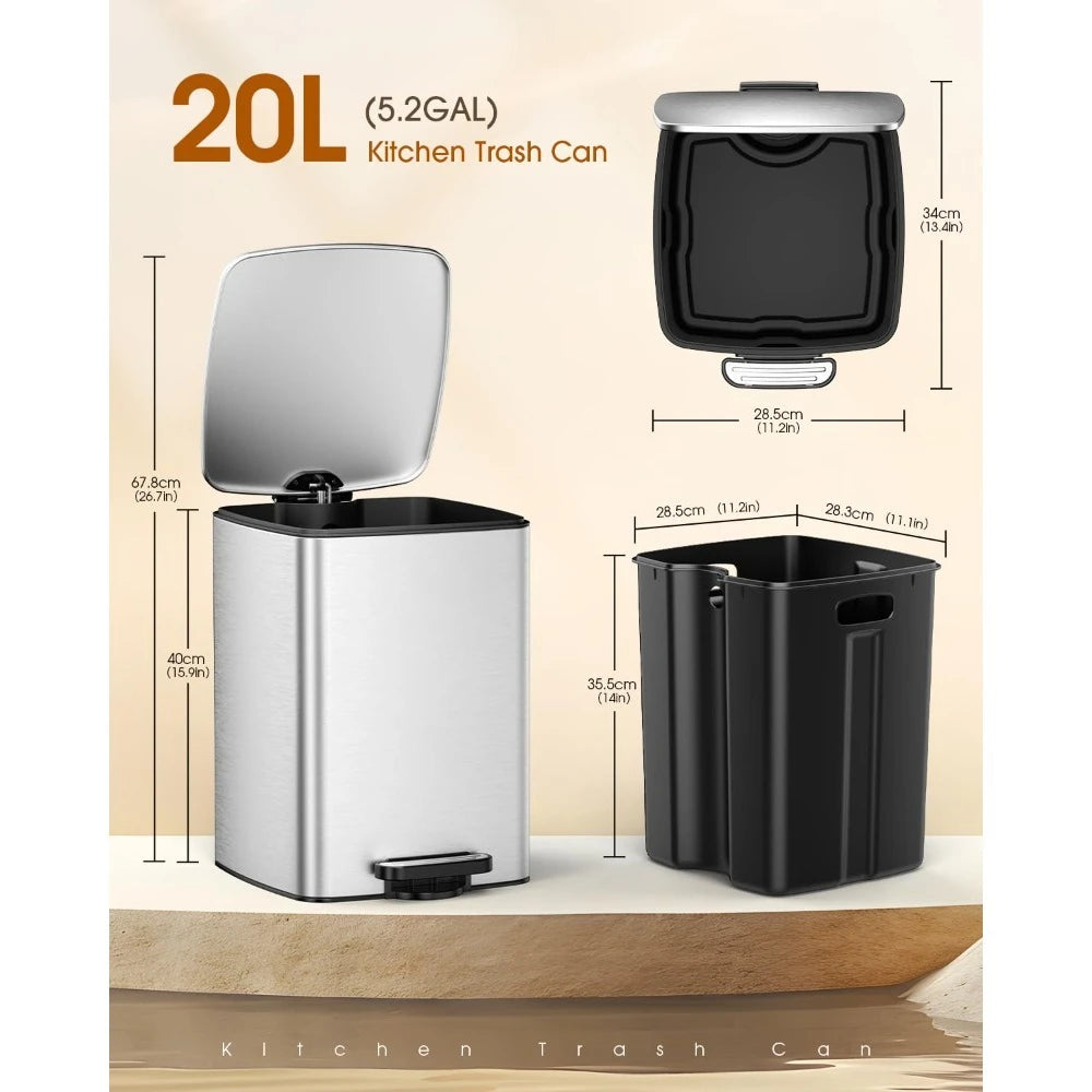Stainless Steel Foot Operated Trash Can 5.2 Gallon for Home