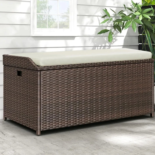 Outdoor Storage Bench 70 Gallon Rattan Patio Box with Cushion