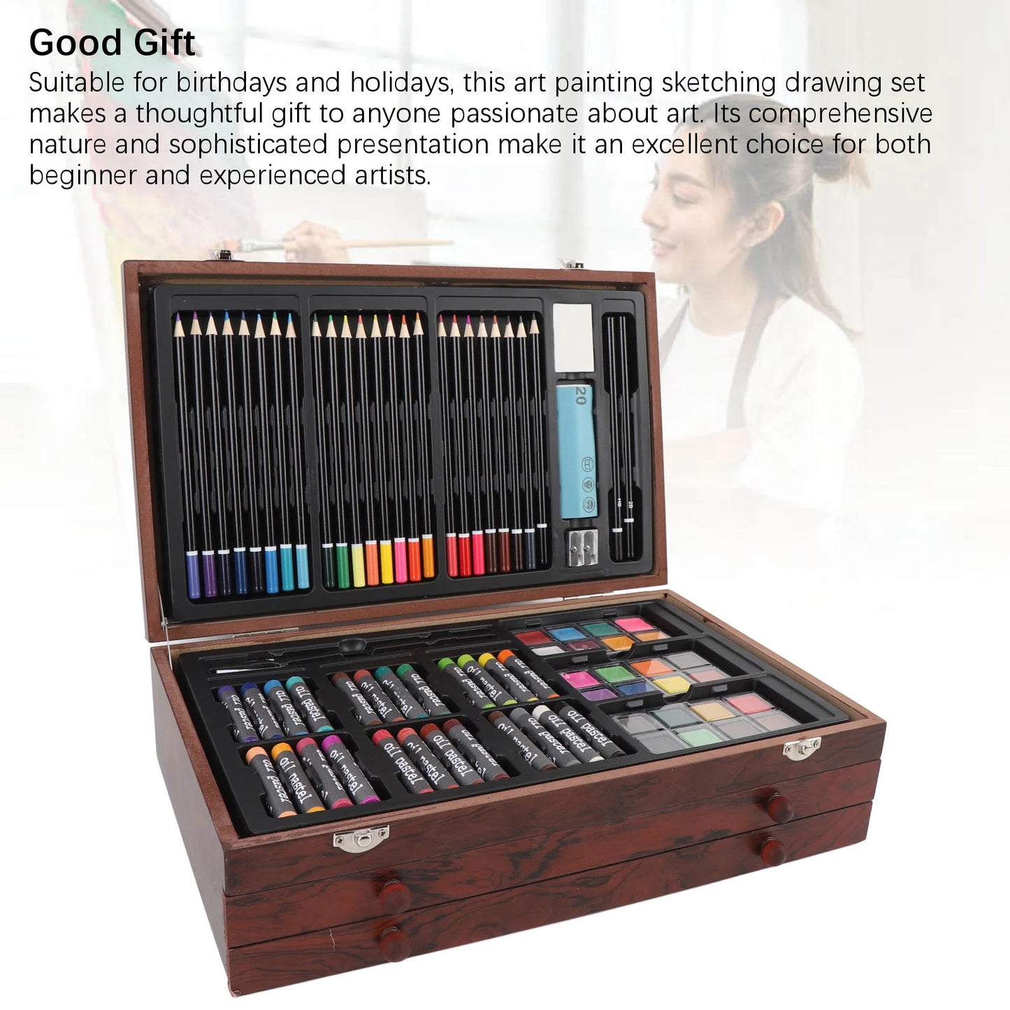Handle 142 Piece Painting And Drawing Kit In Wood Box