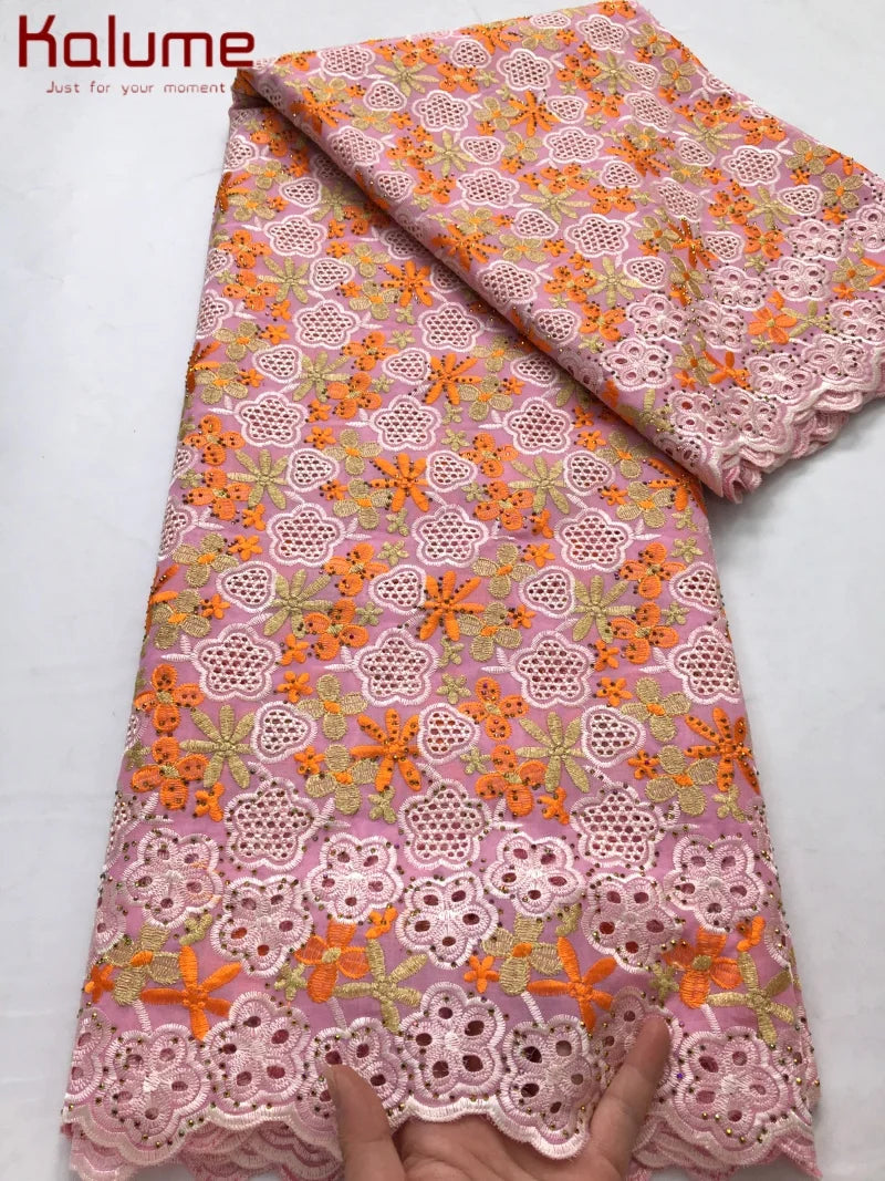 Kalume African Cotton Embroidered Lace Fabric With Stones