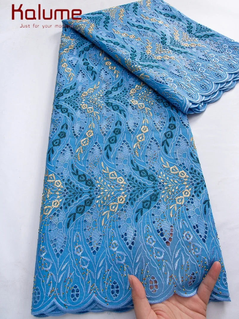 Kalume African Cotton Embroidered Lace Fabric With Stones