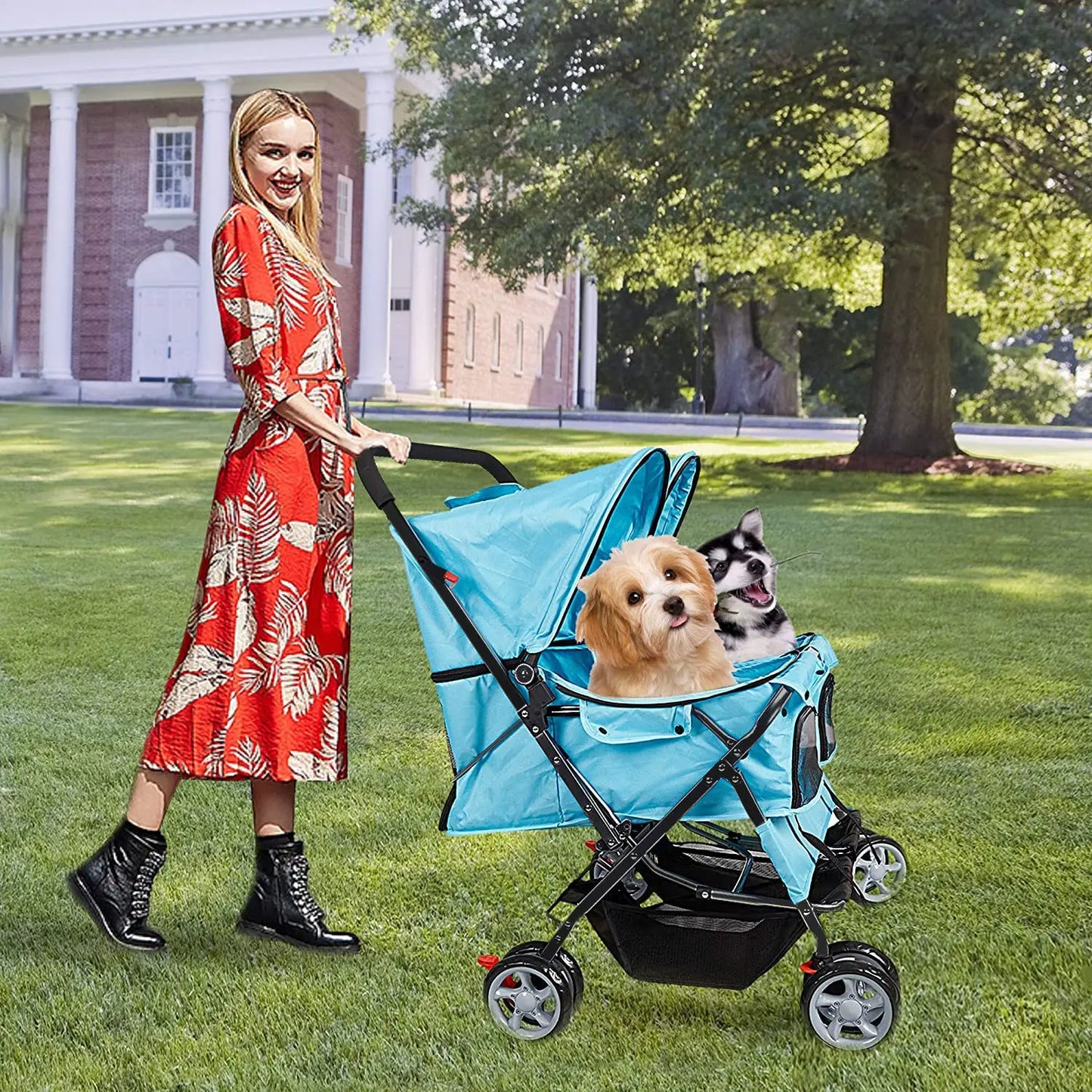 Foldable Double Pet Stroller for Dogs and Cats with 4 Wheels