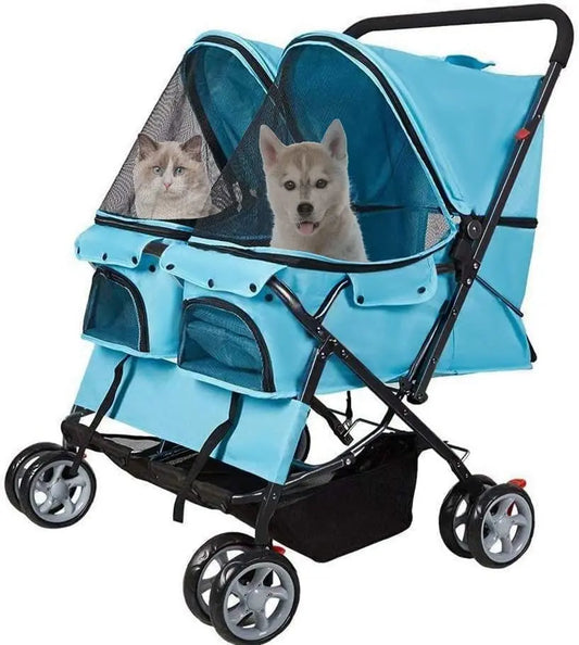 Foldable Double Pet Stroller for Dogs and Cats with 4 Wheels