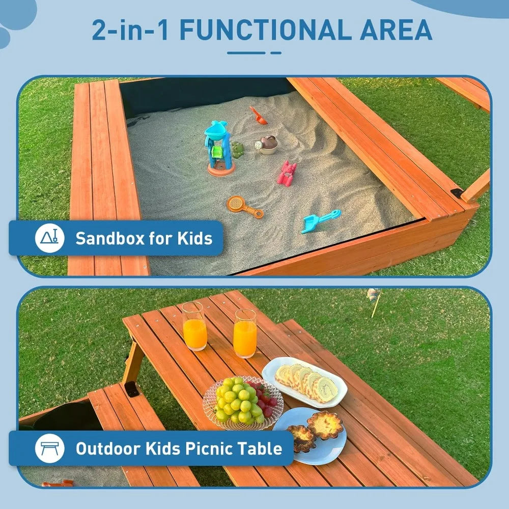 CHENGWEI Wooden Sandbox With Lid And Outdoor Picnic Table