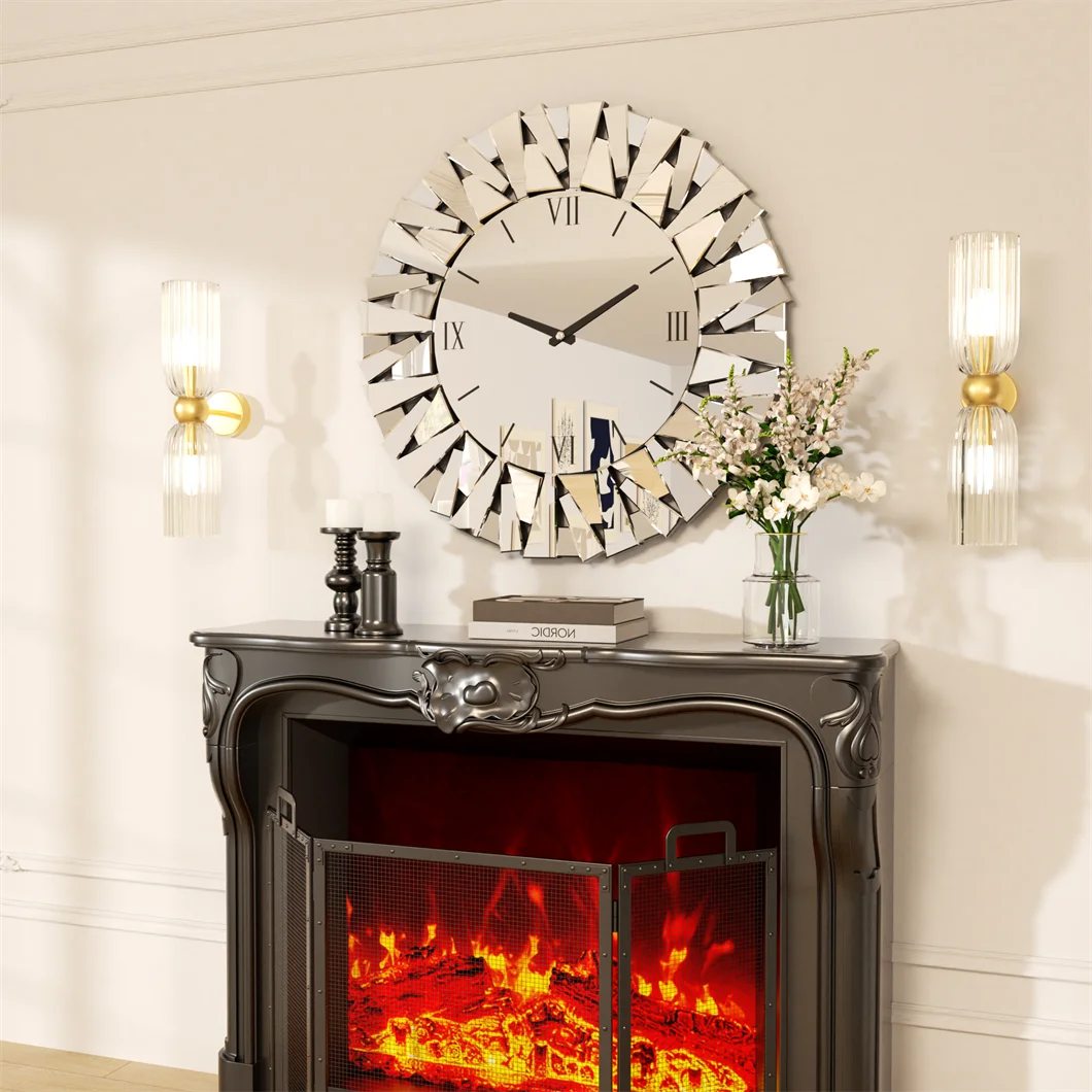 Combination 3D Mirrored Sunburst Wall Clock Round Modern