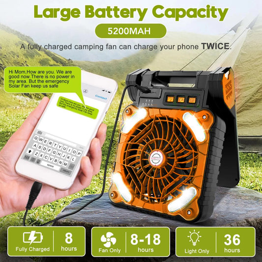 Solar Powered Camping Fan with Type C Charging and Low Noise