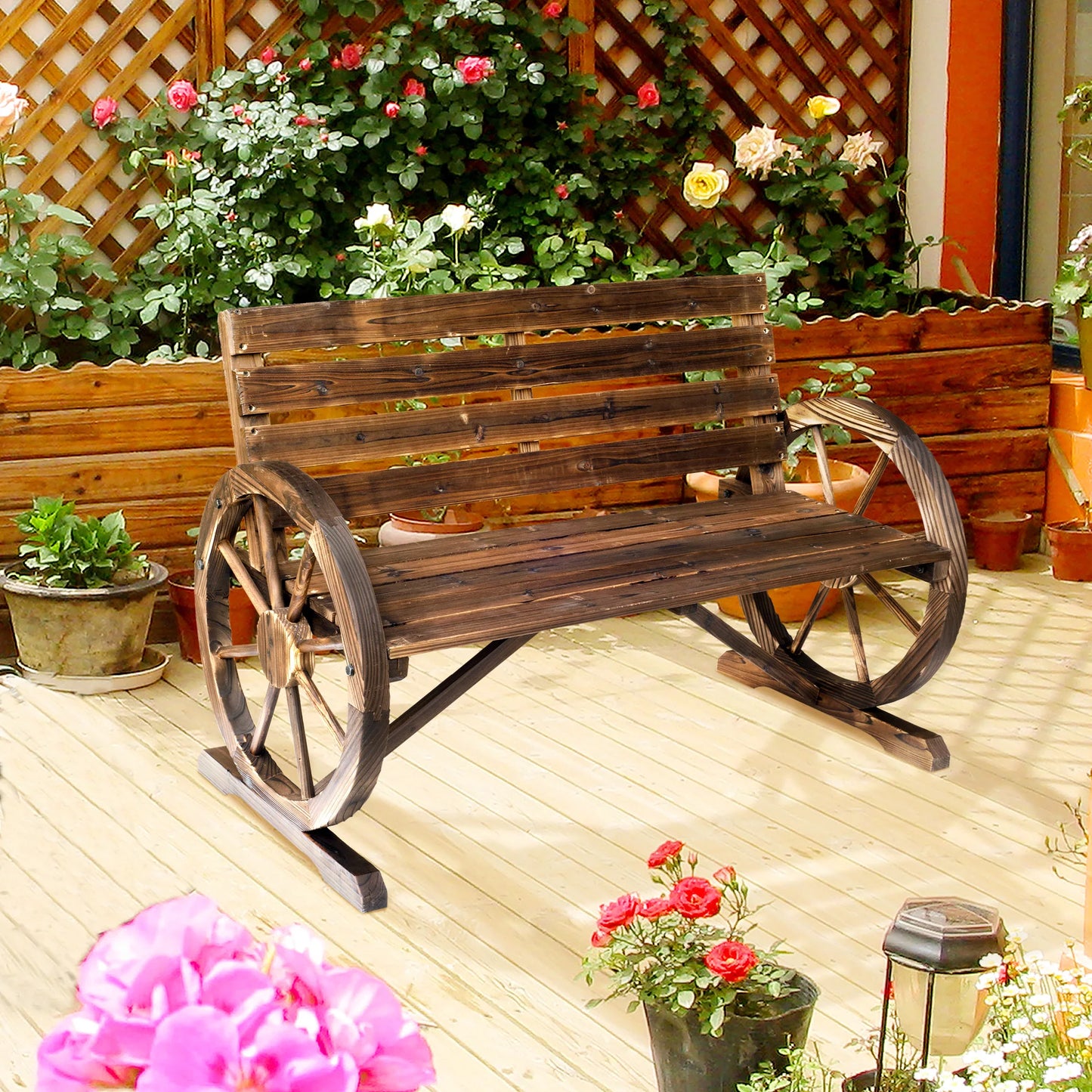 Outsunny Wooden Wagon Wheel Bench Outdoor Garden Loveseat