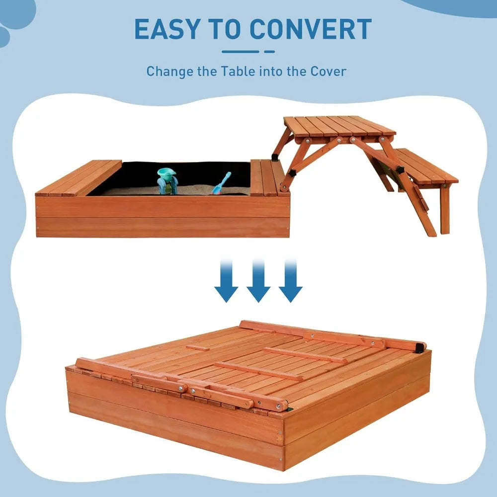 CHENGWEI Wooden Sandbox With Lid And Outdoor Picnic Table