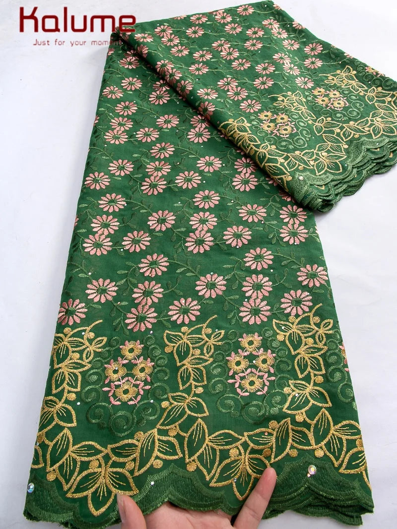 Kalume African Cotton Embroidered Lace Fabric With Stones
