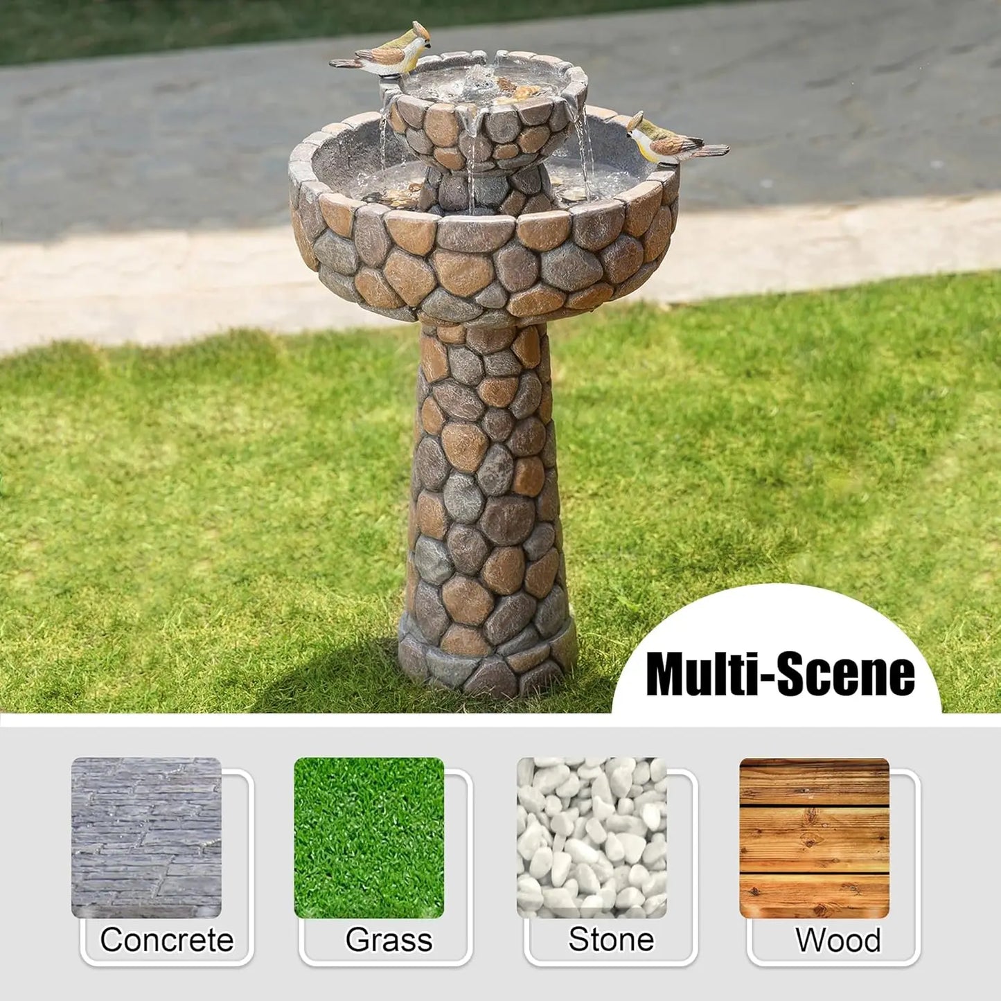 Tier Stone Outdoor Water Fountain with Birds and Bird Bath