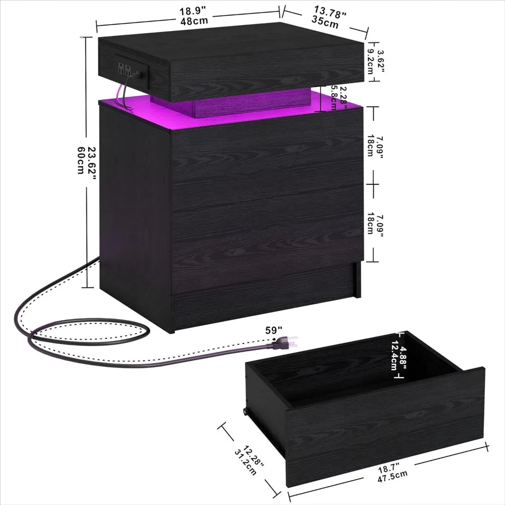 Modern Black Bedside Table with Charging Station and LED Lights