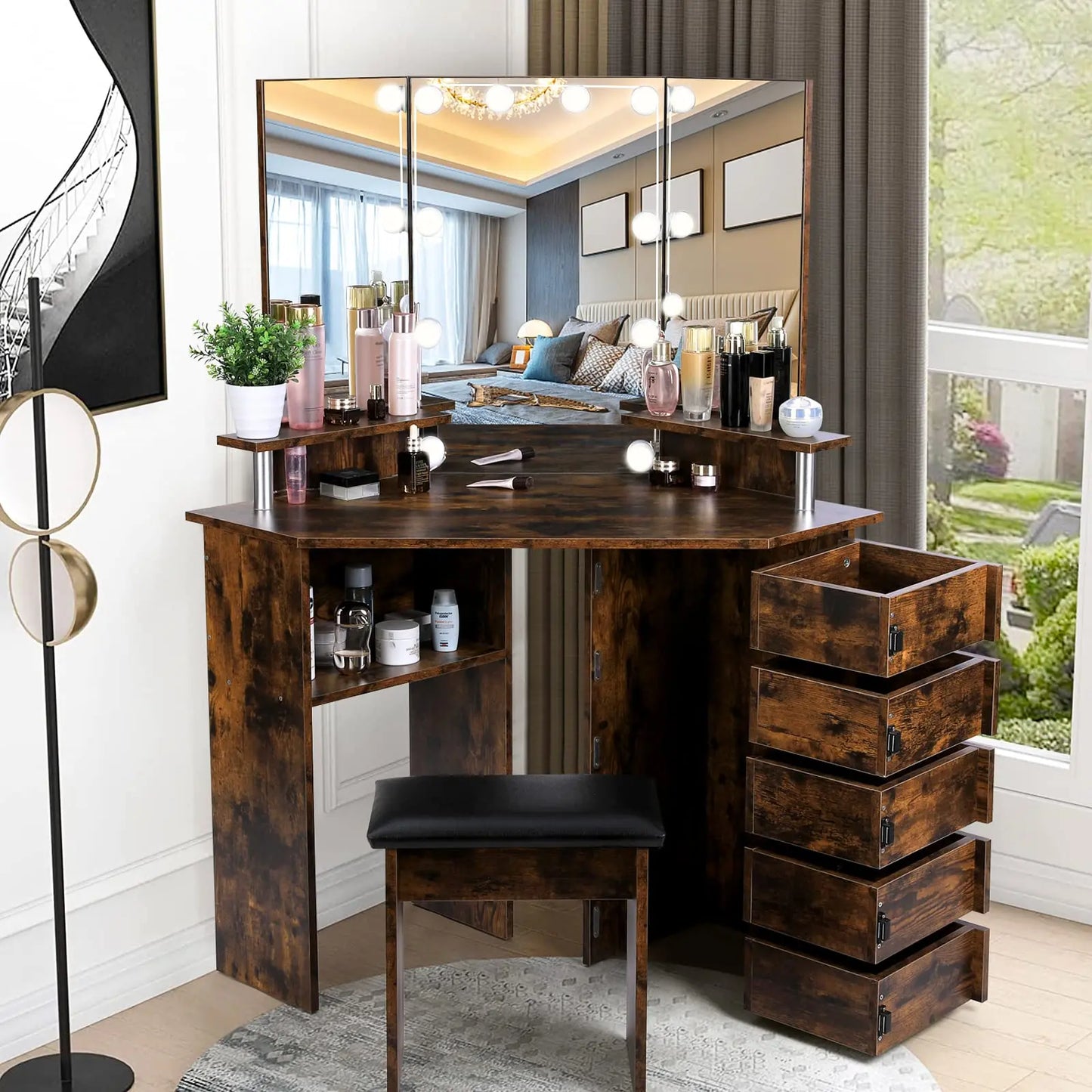 VOWNER Vanity With Lights And Mirror Makeup Table Stool