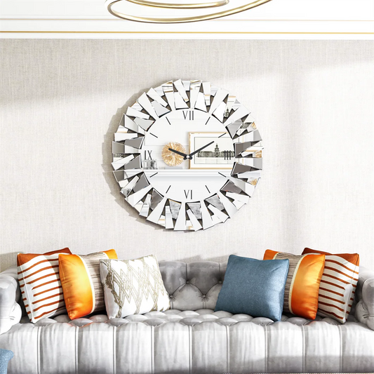 Combination 3D Mirrored Sunburst Wall Clock Round Modern