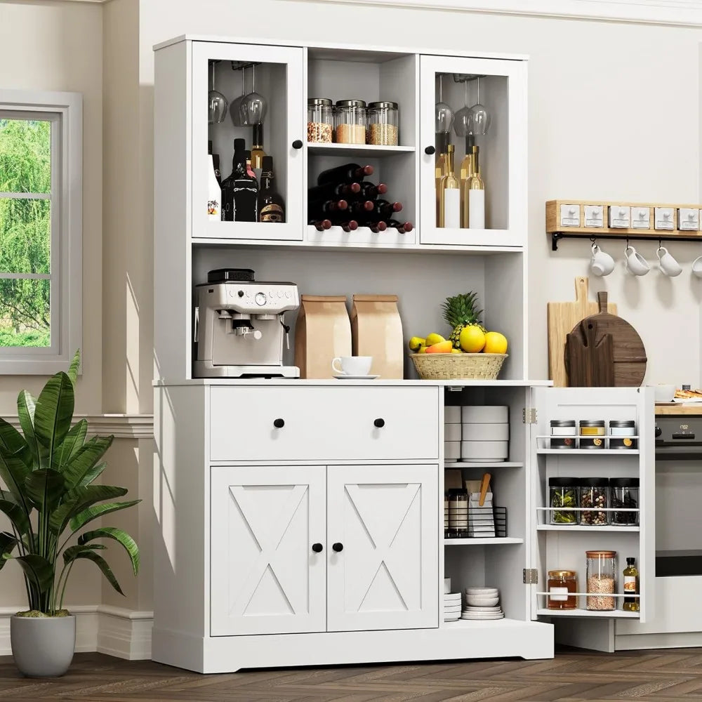 Tall Kitchen Pantry Cabinet with Microwave Stand and Wine Rack
