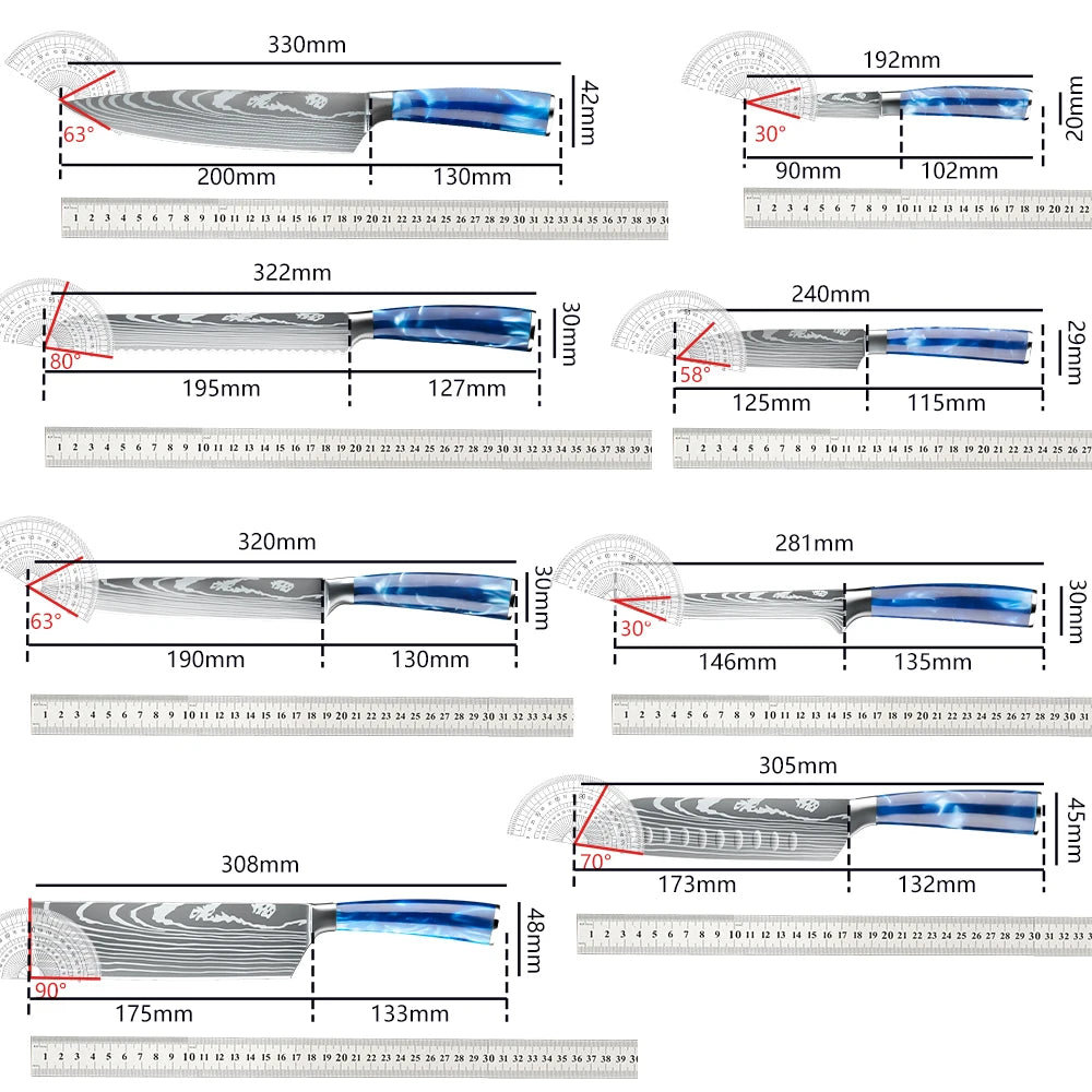 8 Piece Chef Knife Set with Utility Boning Cleaver and Santoku