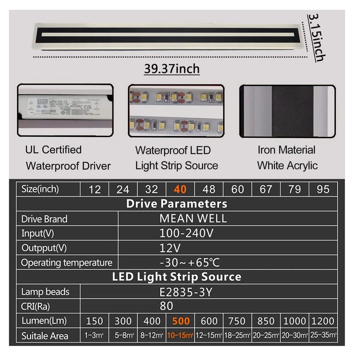Outdoor Long Strip Modern LED Wall Light Fixture Lamps IP67