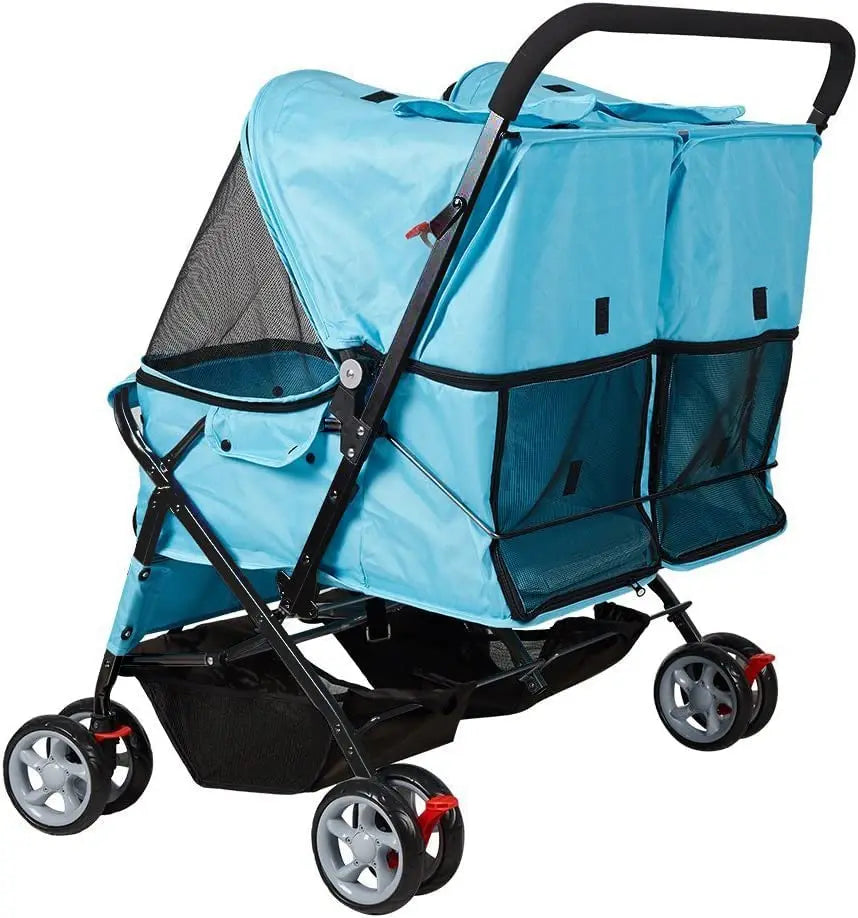 Foldable Double Pet Stroller for Dogs and Cats with 4 Wheels