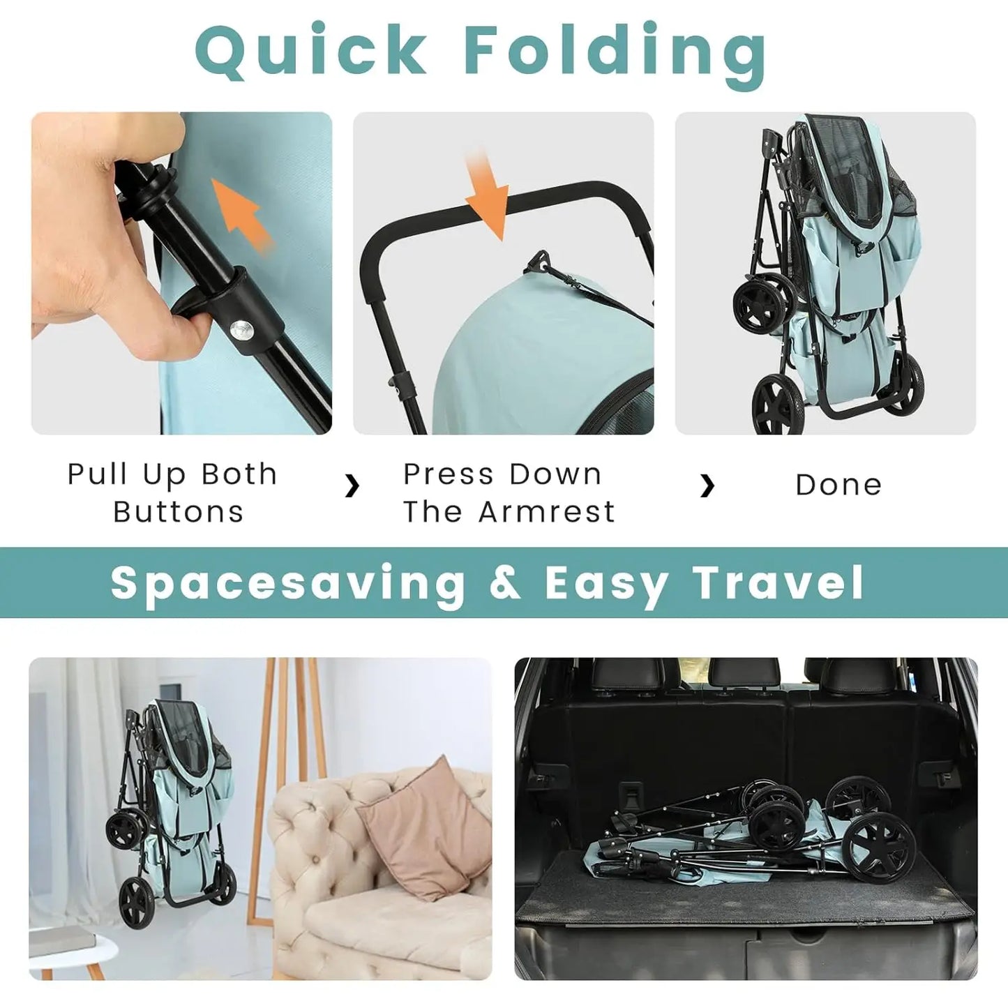 4 in 1 Double Pet Stroller for Dogs and Cats with Detachable Carriers