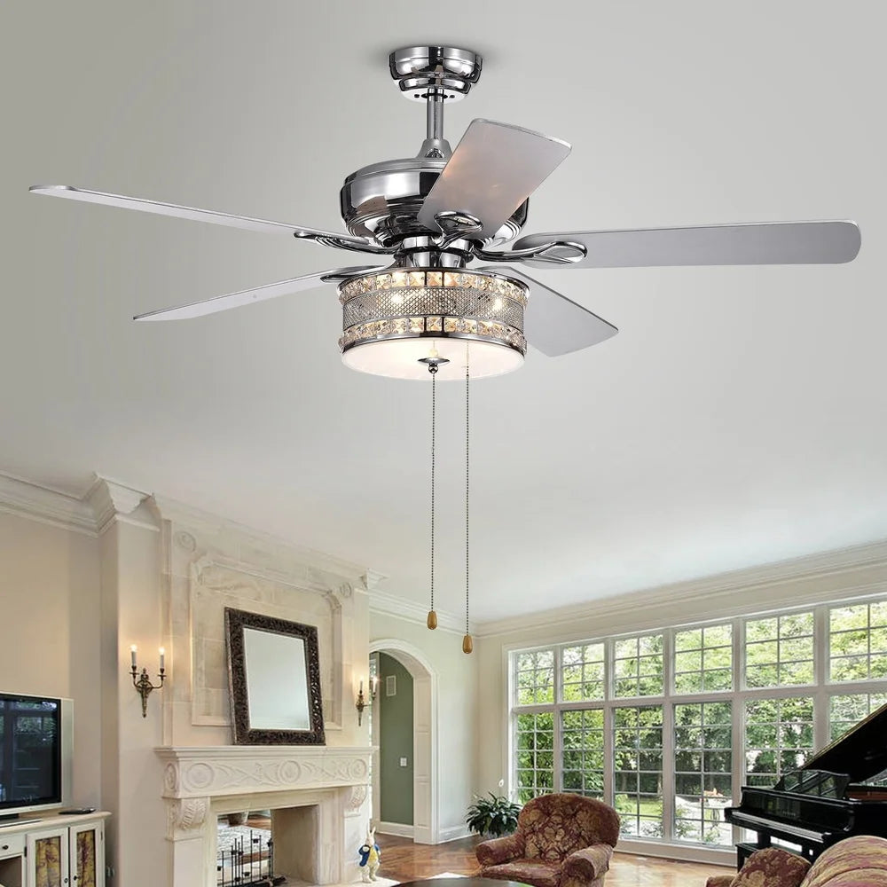 XMSJ Chrome Crystal Ceiling Fan With Three Light Drum Lamp