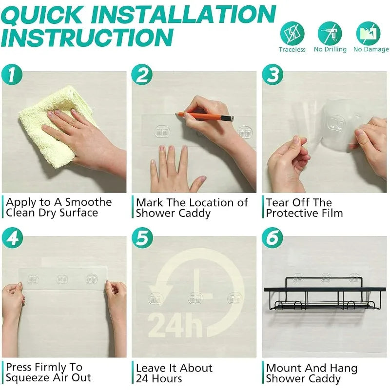 5 Pack Adhesive Shower Shelves No Drilling Black Storage Rack