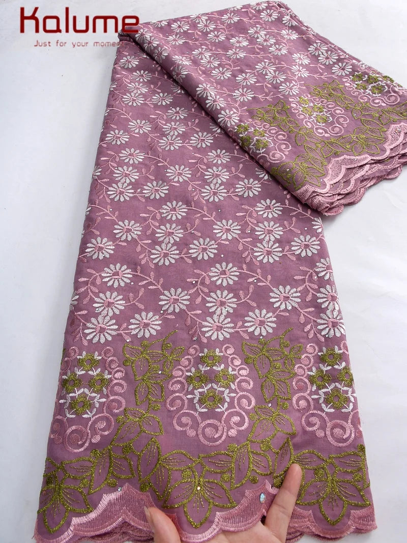 Kalume African Cotton Embroidered Lace Fabric With Stones