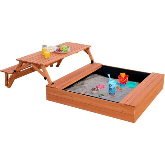 CHENGWEI Wooden Sandbox With Lid And Outdoor Picnic Table
