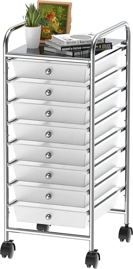 Utility Cart with 8 Drawers Rolling Storage Organizer in Chrome