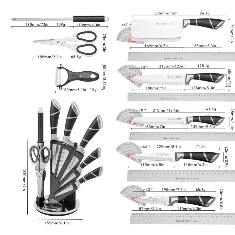 Stainless Steel Kitchen Knife Set 9 Pieces with Sharpener