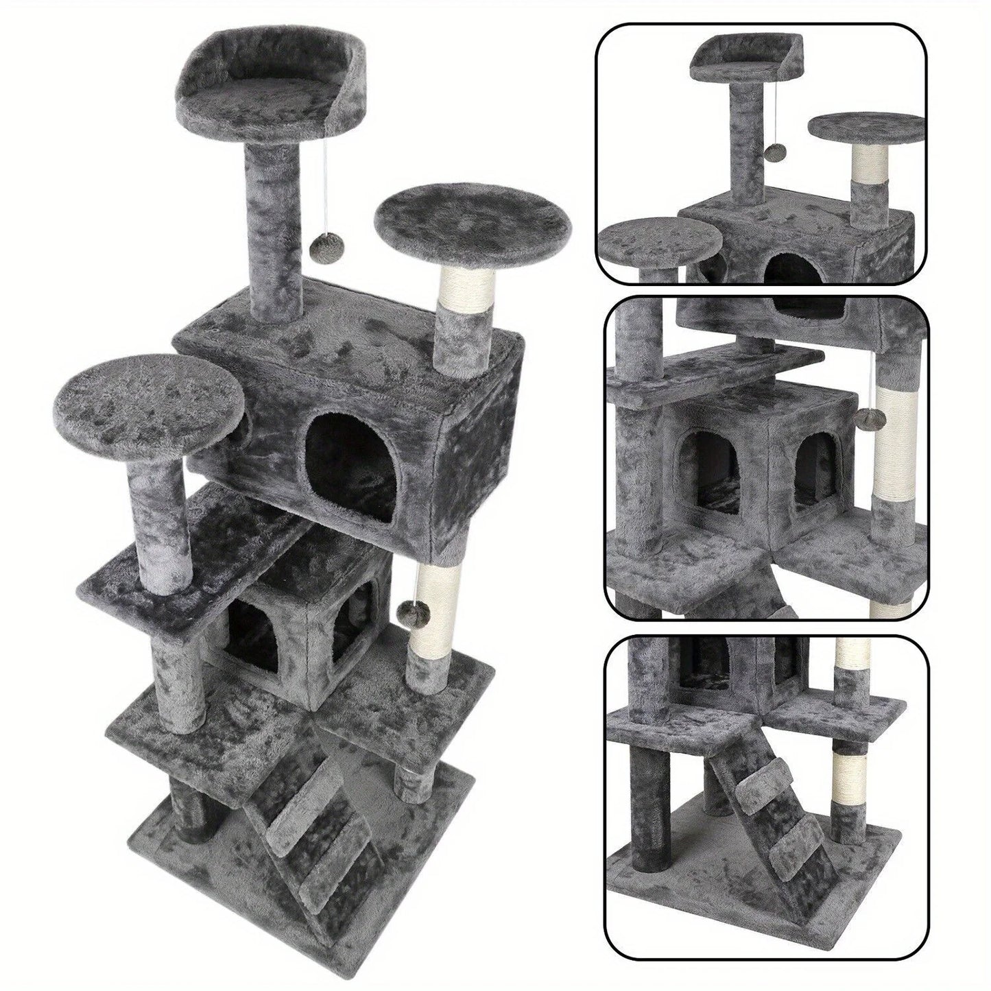 Grey Beige Blue Brown 53 Inch Cat Tree Tower Activity Center Playhouse Apartment