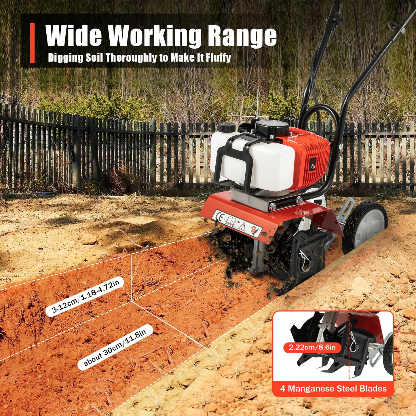 Bymaocar 52cc 1700W Garden Tiller Cultivator Rototiller