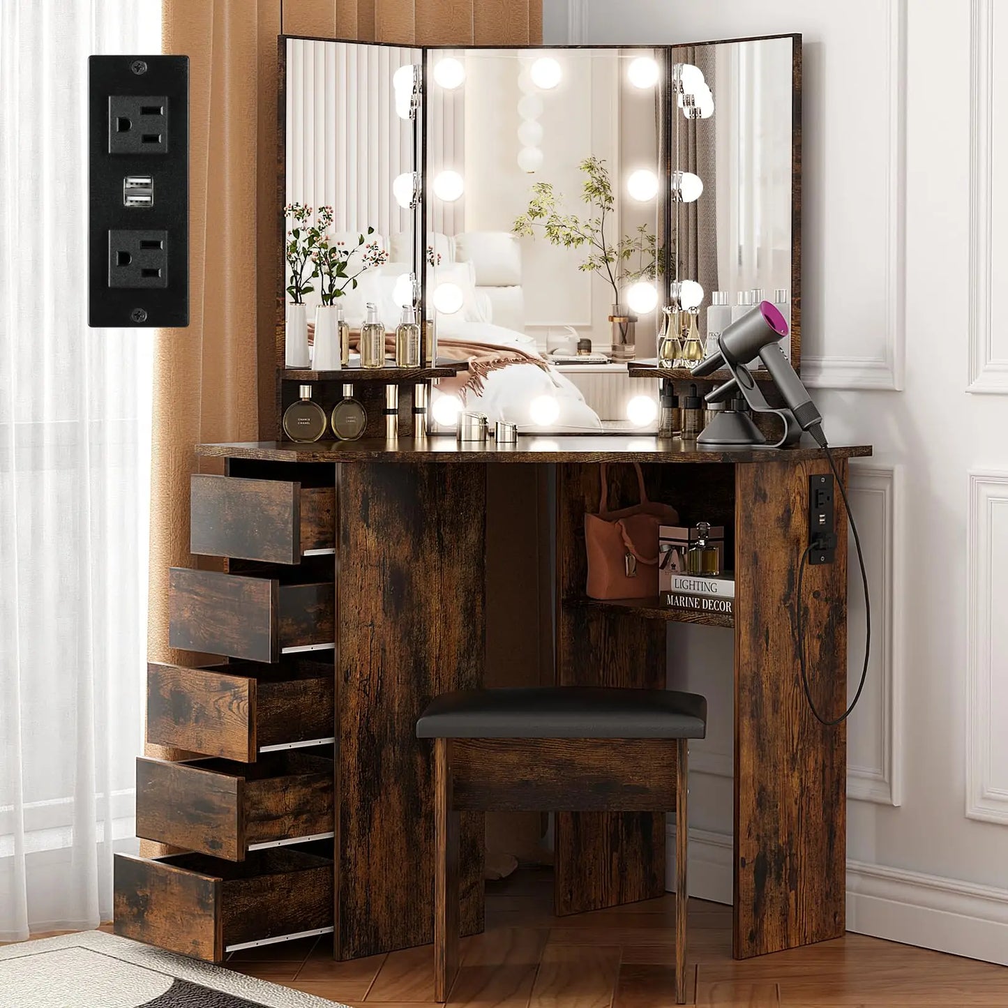 VOWNER Vanity With Lights And Mirror Makeup Table Stool