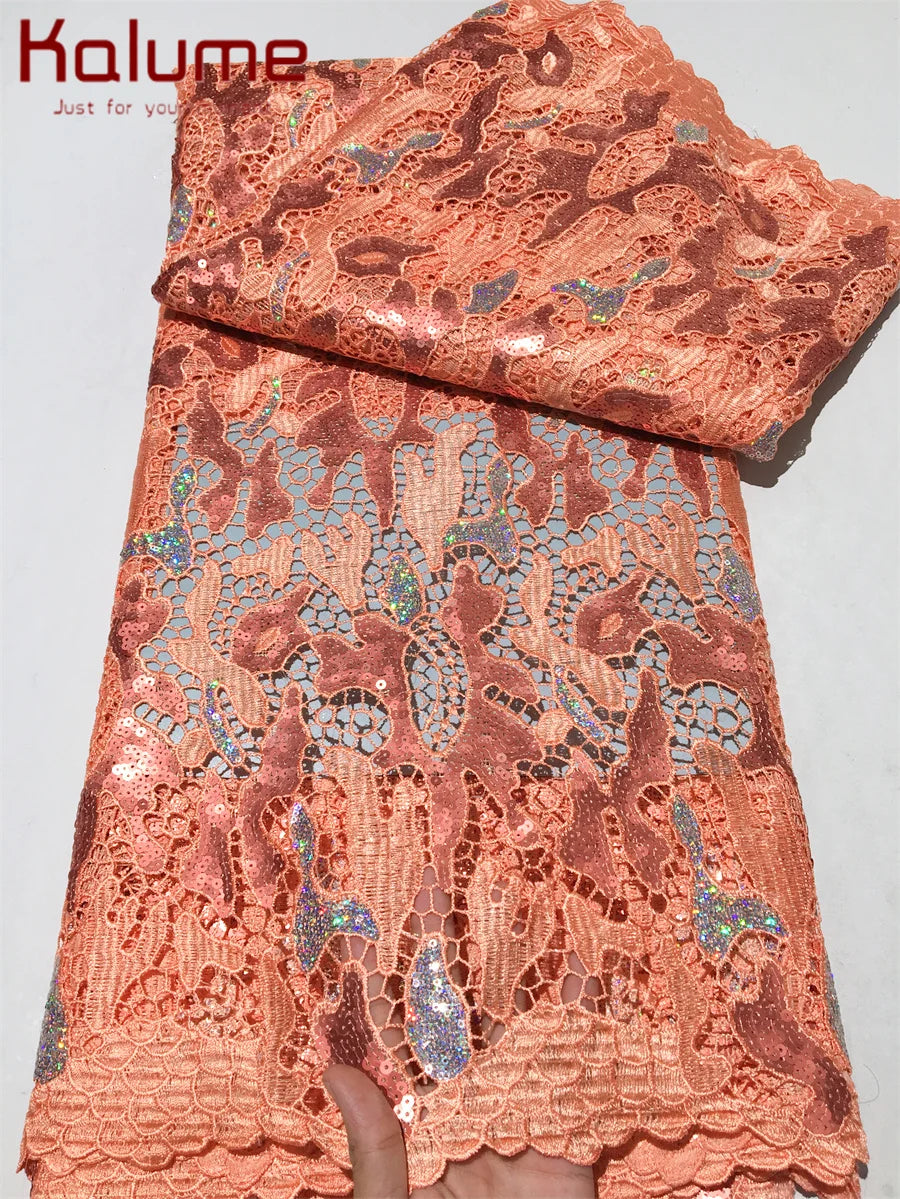 Kalume High Quality African Sequins Lace Fabric for Dresses