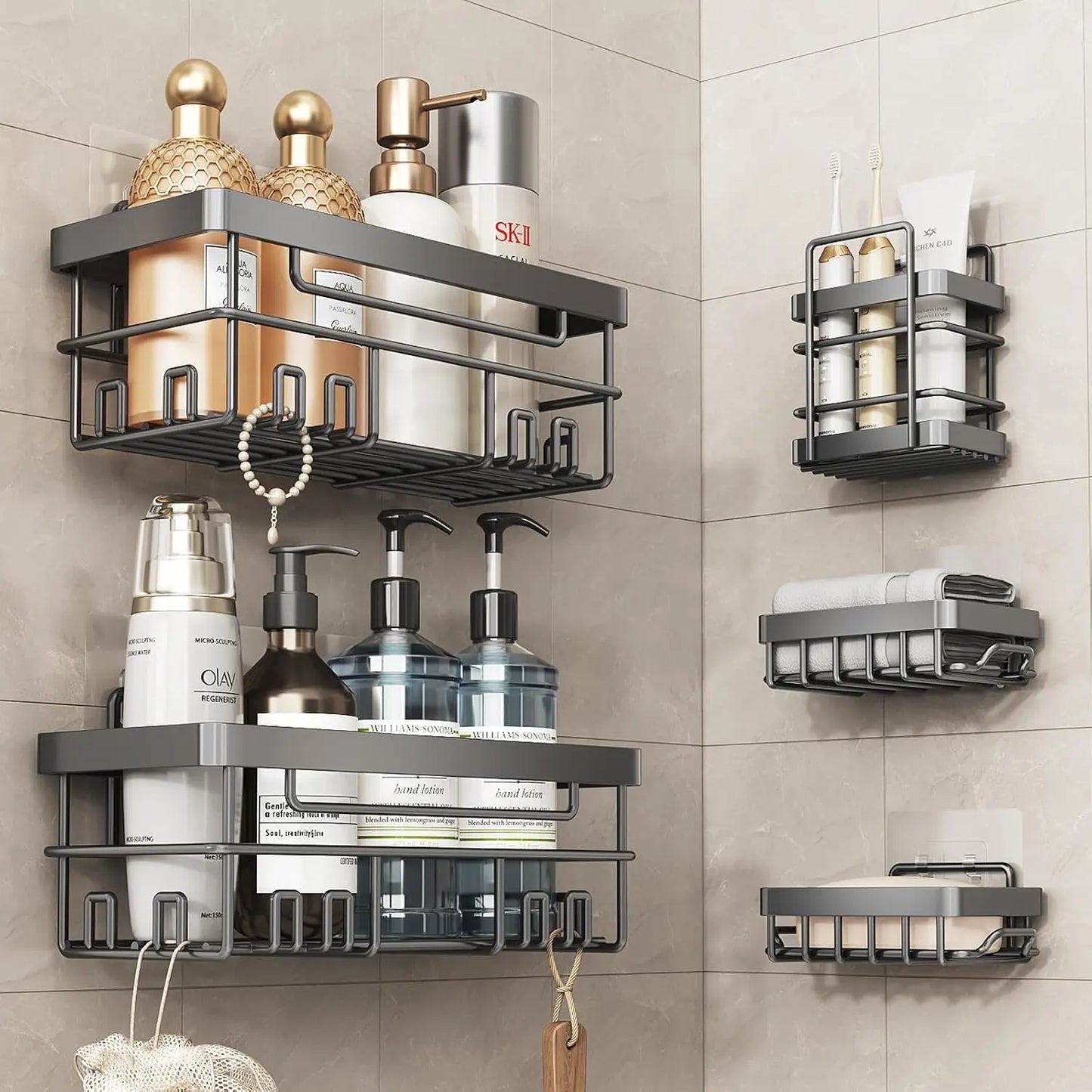 5 Pack Adhesive Shower Shelves No Drilling Black Storage Rack