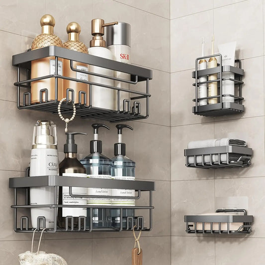 5 Pack Adhesive Shower Shelves No Drilling Black Storage Rack