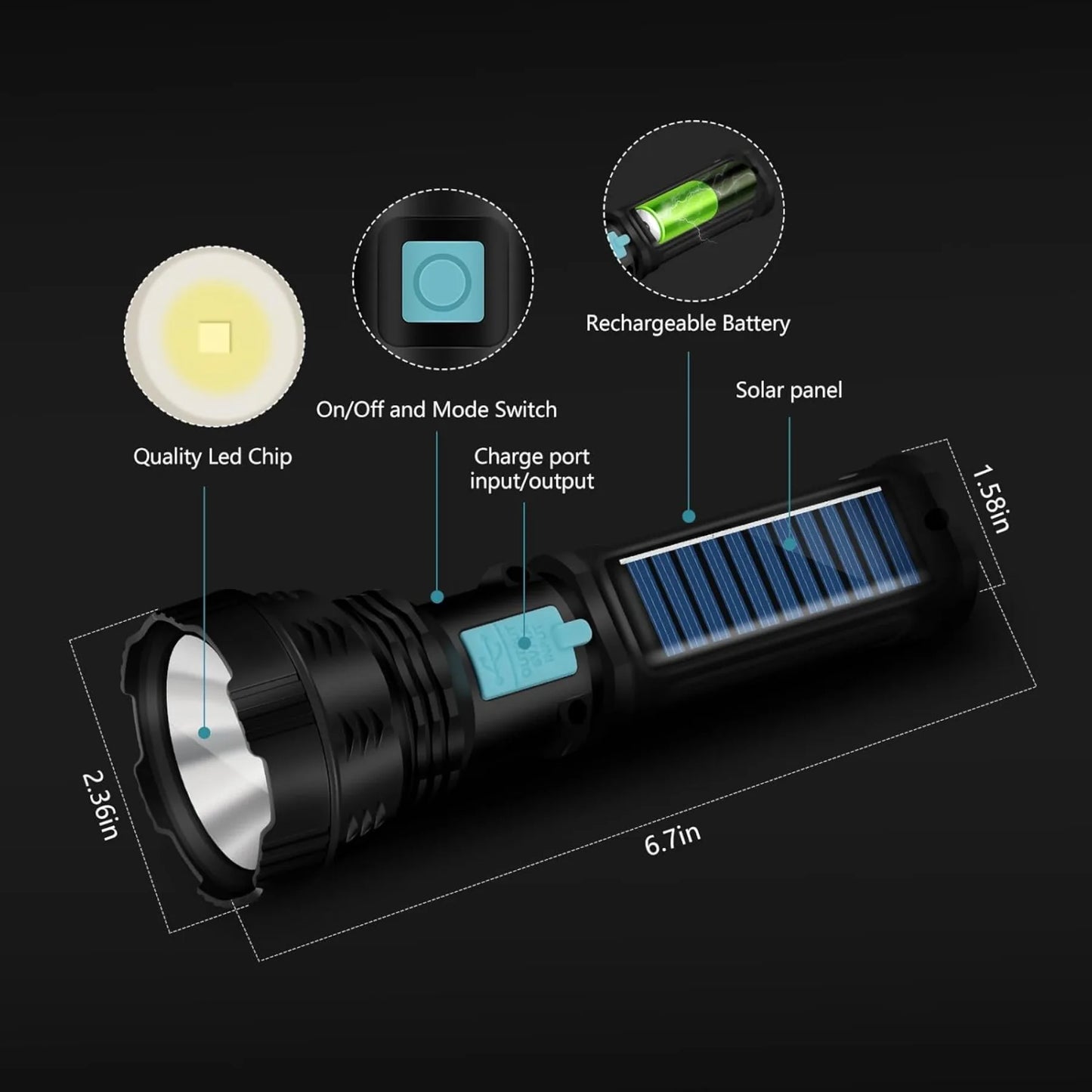 Electric Solar Handheld Flashlight With 2000mAh Battery