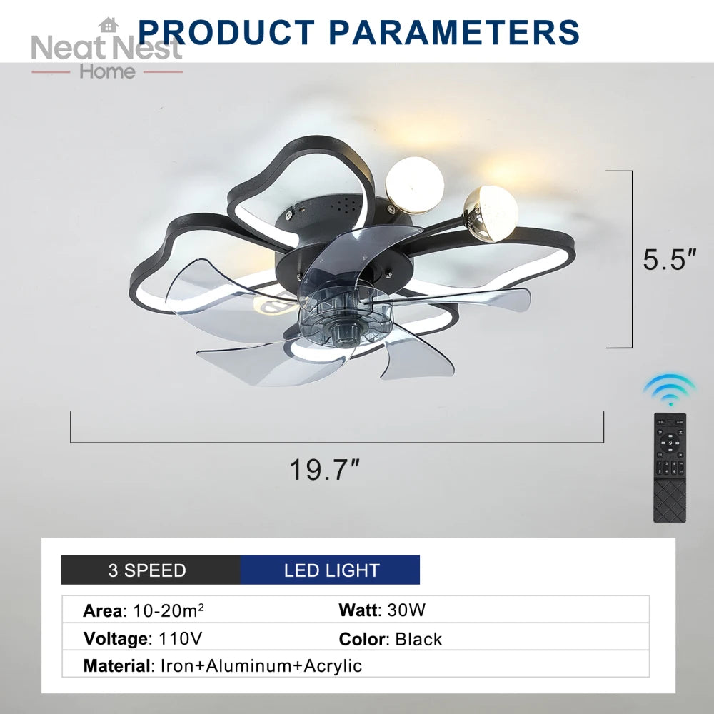 Modern Black Light Ceiling Fan with Remote and Butterfly Design